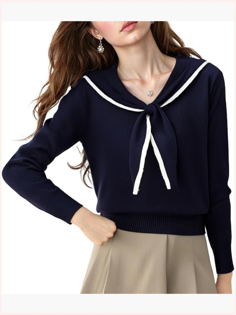 Sailor Collar Long Sleeve V-Neck Stripe Knit Top Blouse Sweater